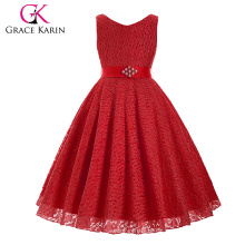 Grace Karin sin mangas de encaje de cuello en V flor niña Princesa Pageant Red Girls vestido 2 ~ 12Years CL008938-7